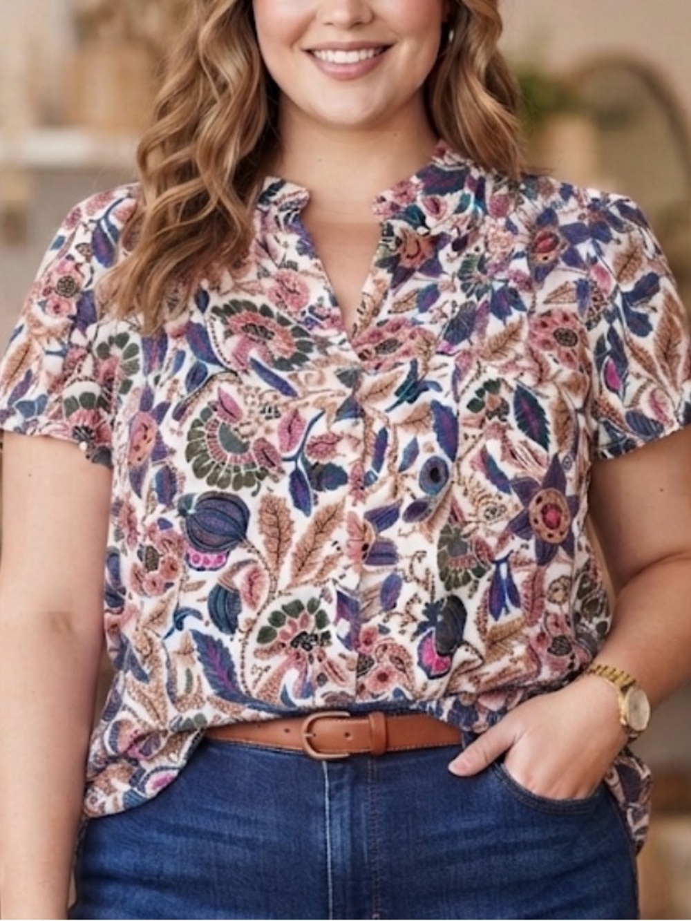 Jane & Delancey Bohemian Floral Pleated Blouse